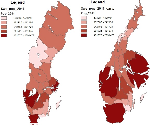 2011년 스웨덴 지역별 인구수 시각화 - 일반적인 Choropleth Map(좌), Cartogram(우)/ 출처(재인용) : the power of Cartography