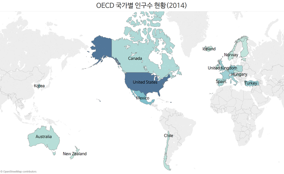 OECD 국가별 인구수, 지도 시각화, chorpleth map, field map, 데이터 시각화, 시각화 유형