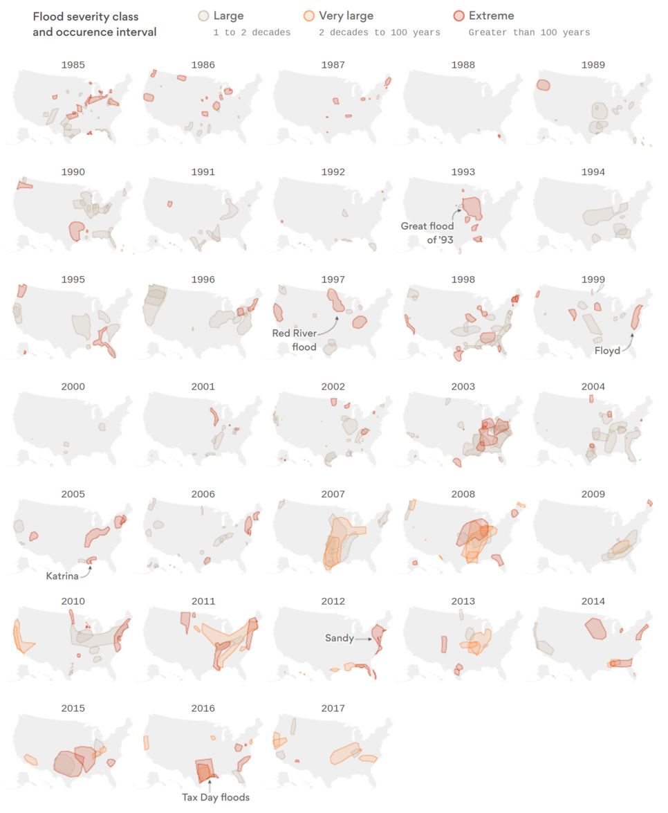 지도 시각화, 스몰 멀티플즈, 시각화, 데이터 시각화, 맵시각화, 시계열 데이터, thirty years of major flooding in the U.S.