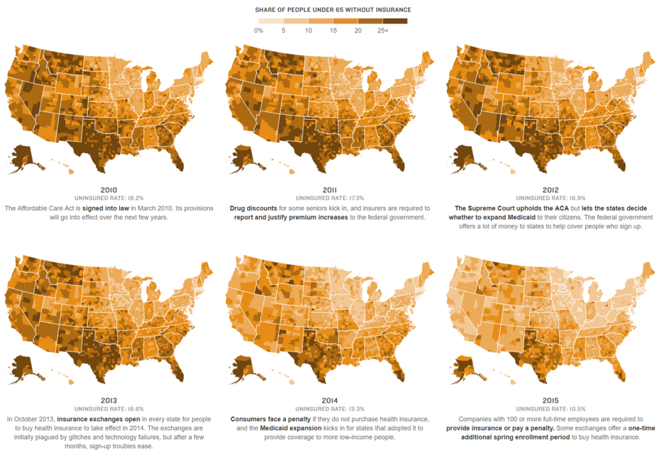 NPR, 'Maps Show A Dramatic Rise In Health Insurance Coverage Under ACA' - 지도 시각화의 스몰 멀티플즈
