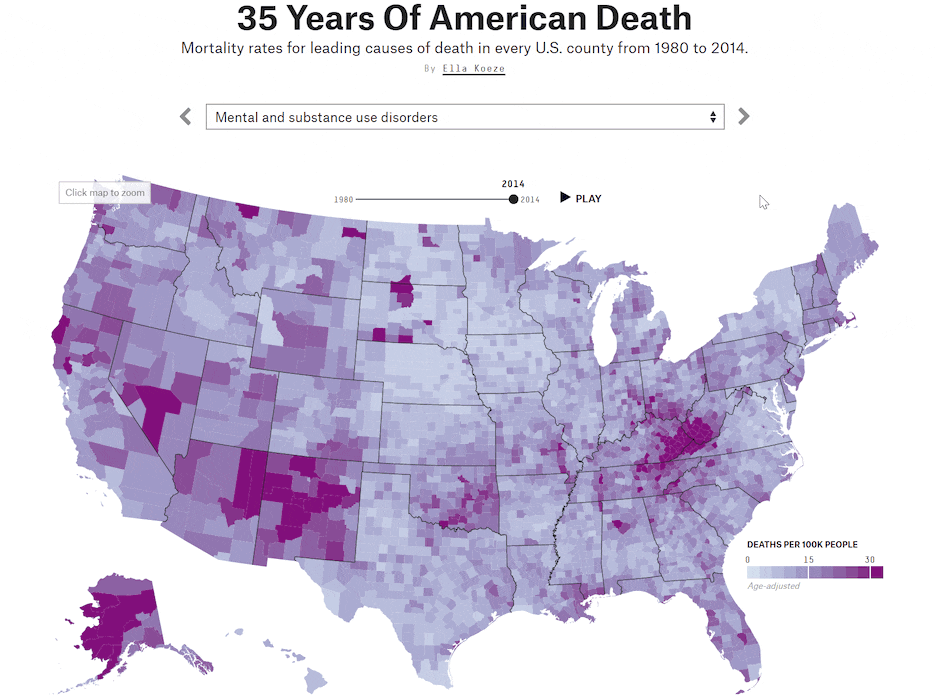 FIveThirtyEight, 35 Years Of American Death - 애니메이션 효과를 활용한 지도 시각화