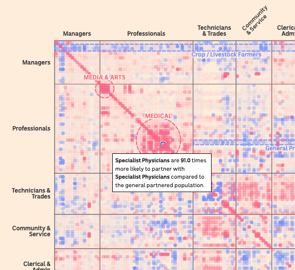 결혼과 직업의 관계 히트맵, 전문의와 전문의가 결혼하는 경우를 선택 (출처: Inga Ting, ABC NEWS)
