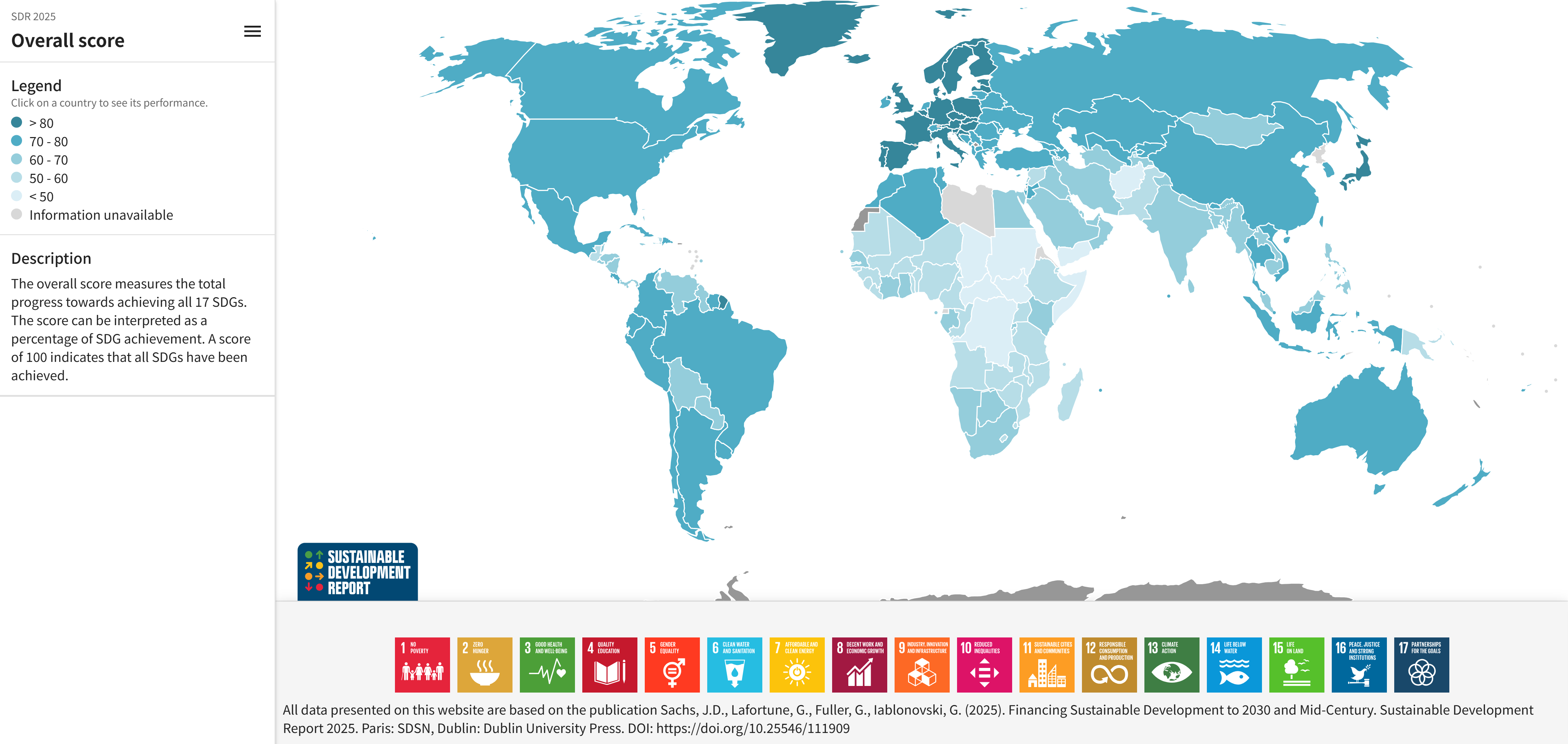 전 세계 지속가능발전목표(SDG) 달성률을 보여주는 히트맵 (출처: SUSTAINABLE DEVELOPMENT REPORT)